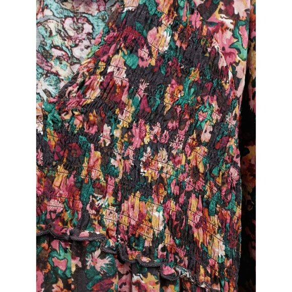 Maurices Womens Blouse Top Size 1X Red Floral Tiered BOHO Peasant Smocked - Picture 2 of 11